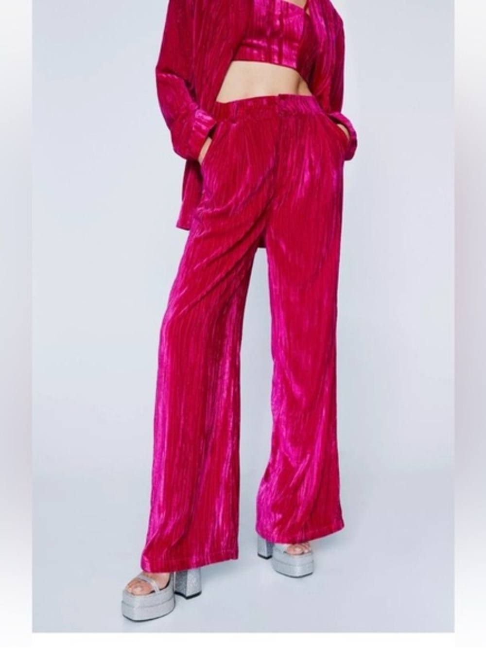 NWT Nasty Gal Fuchsia Crushed Velvet Wide Leg Pants Size 2